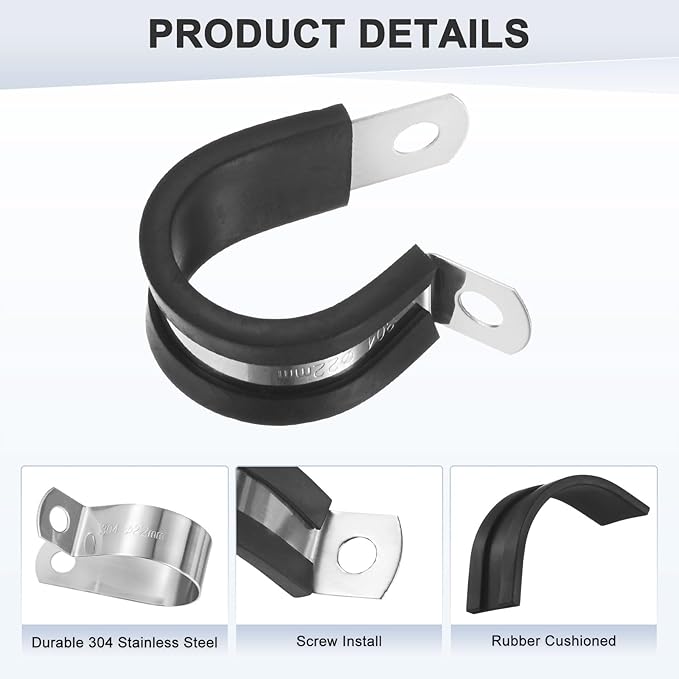 20-Pack Cable Clamps, 7/8 Inch/ 22 mm 304 Stainless Steel Rubber Cushioned Insulated Cable Clamp R Shape Metal Holder for Tube/Wire/Pipe/Loop Installation