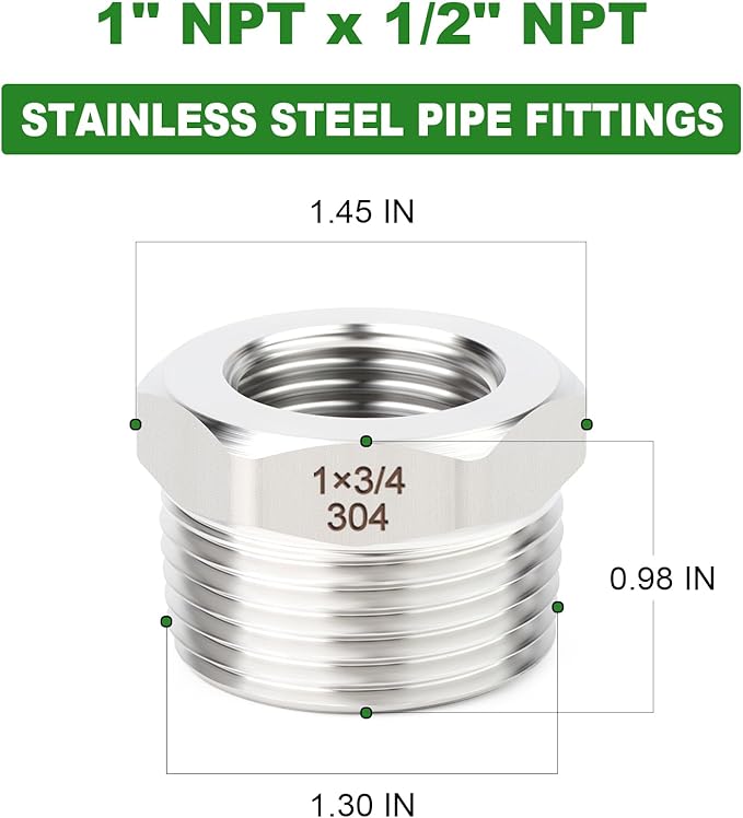 TAISHER 5PCS 304 Stainless Steel New Reducer Hex Bushing, 1" NPT Male x 1/2" NPT Female, Reducing Pipe Adapter Fitting