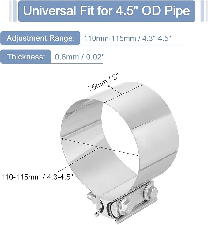 uxcell 4.5 Inch Exhaust Clamp, 304 Stainless Steel Butt Joint Band Clamp Sleeve Coupler Pipe Repair Clamp Universal Widening Clamp for Exhaust Pipes Mufflers, Silver