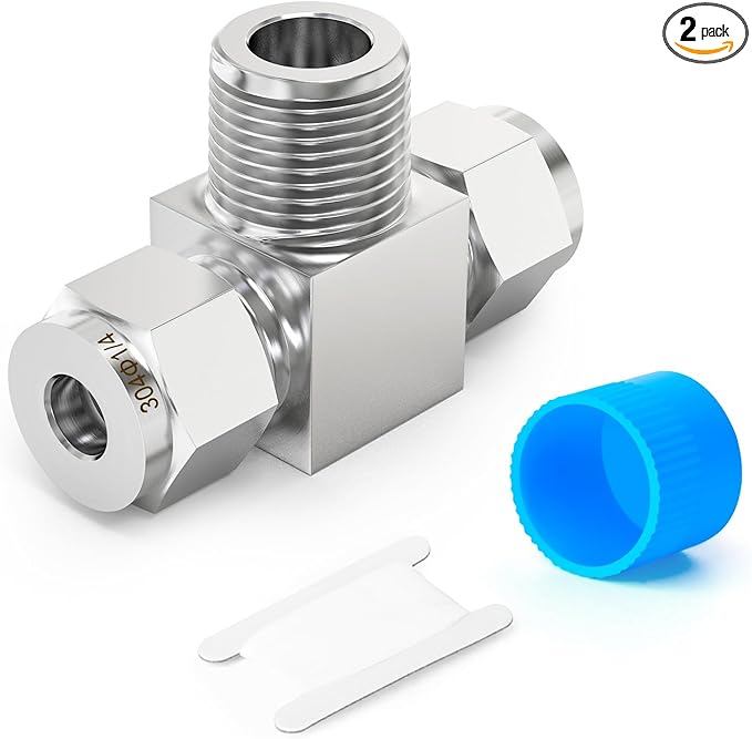 TAISHER 2PCS 304 Stainless Steel Compression Tube Pipe Fitting Connector, 1/4" Tube OD x 1/4" NPT Male x 1/4" Tube OD Tee Adapter