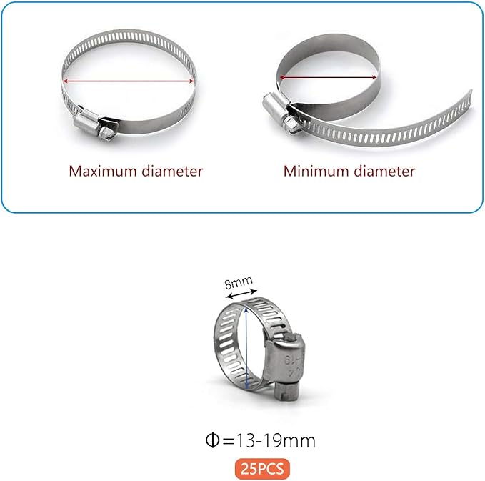 Hose Clamp, 25 Pack Stainless Steel Worm Gear fuel line hose clamps, 13-19mm (1/2-3/4 inch)
