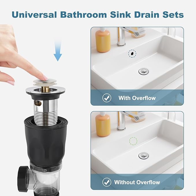 iFealClear Bathroom Sink Drain Kit, Flexible P-Trap Drain Pipe with Pop Up Stopper, Expandable Bathroom Sink Pipe Replacement with 2 Adapters, Fits 1-1/4'', 1-1/2'', 2" Holes, Hair Catcher, Chrome