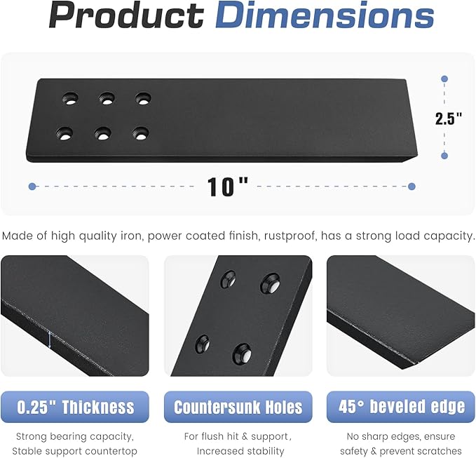 Countertop Support Brackets Heavy Duty 4 Pack 1/4" Thick 10 Inch Flat Hidden Knee Wall Countertop Bracket for Granite Quartz Wood Concret Countertops Screws Included