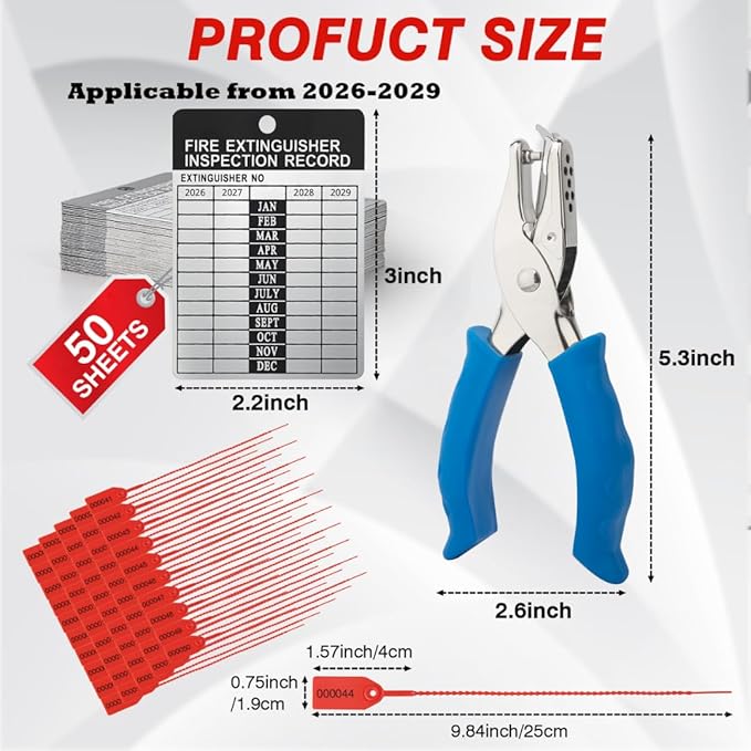 50 Sets 2026–2029 Fire Extinguisher Tags Aluminum Metal Inspection Record Tags 2.2 x 3 Inch with Hole Puncher & Numbered Security Zip Ties for Monthly Fire Extinguisher Inspection Indoor Outdoor