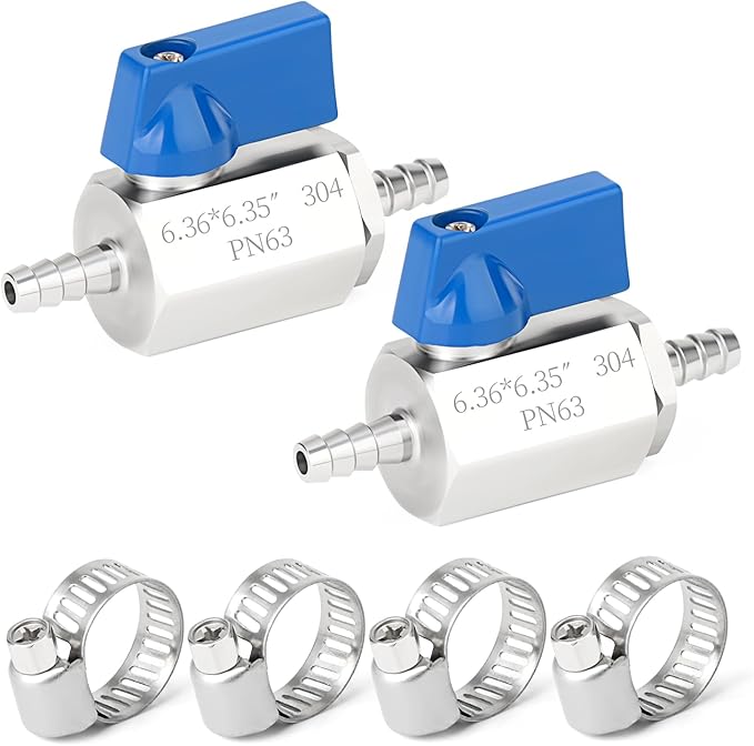 TAISHER 1PCS 304 Stainless Steel 1/4" Mini Ball Valve Shut Off Switch, 1/4” Hose Barb with 2PCS Hose Clamps