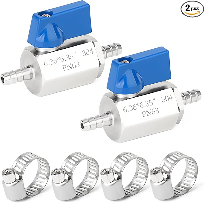 TAISHER 2PCS 304 Stainless Steel 1/4" Mini Ball Valve Shut Off Switch, 1/4” Hose Barb with 4PCS Hose Clamps