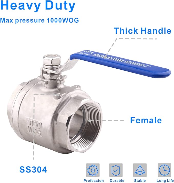 DERNORD Full Port Ball Valve Stainless Steel 304 Heavy Duty for Water, Oil, and Gas with Blue Locking Handles (2" NPT)