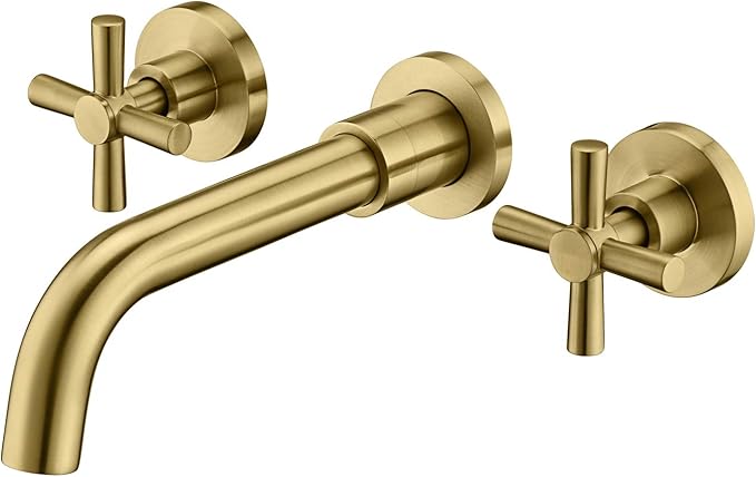 Brushed Brass Wall Mount Bathroom Faucet Two Cross Handles and Rough-in Valve Included,SUMERAIN