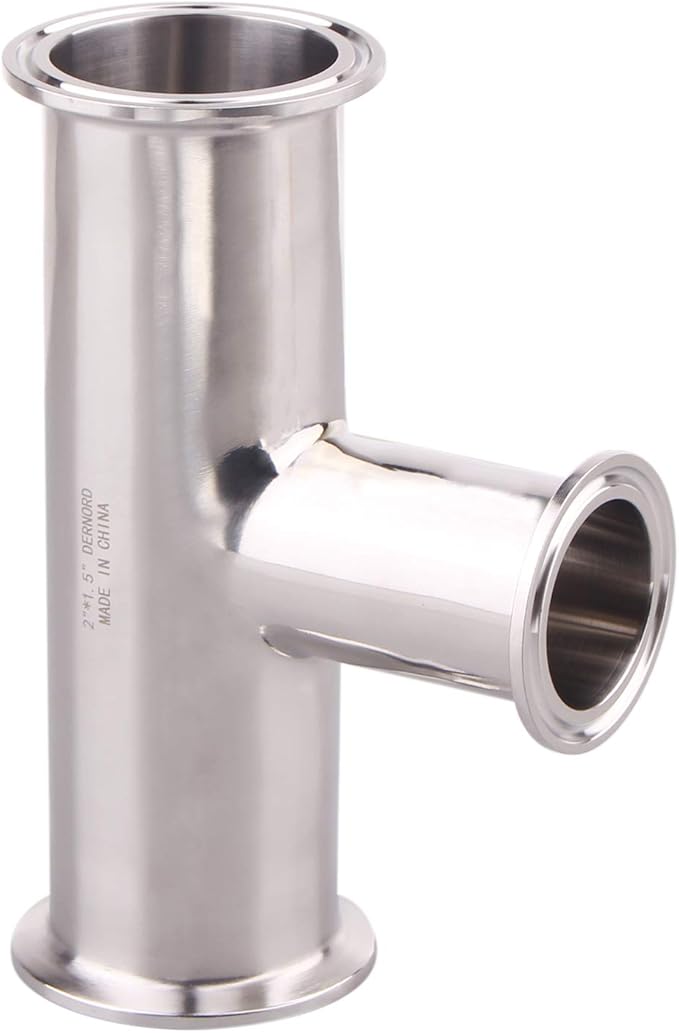 DERNORD Reducing Clamp Tee 3 Way Stainless Steel 304 Sanitary Fitting (2 inch x 2 inch x 1.5 inch)