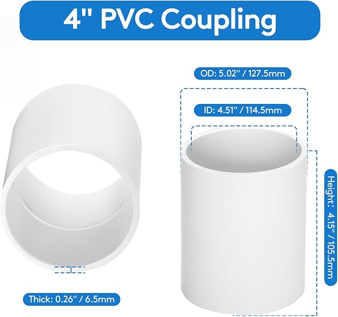 1 pcs 4" PVC Coupling Pipe Fittings (Socket x Socket) Schedule 40 PVC Fittings used For Plumbing and Irrigation