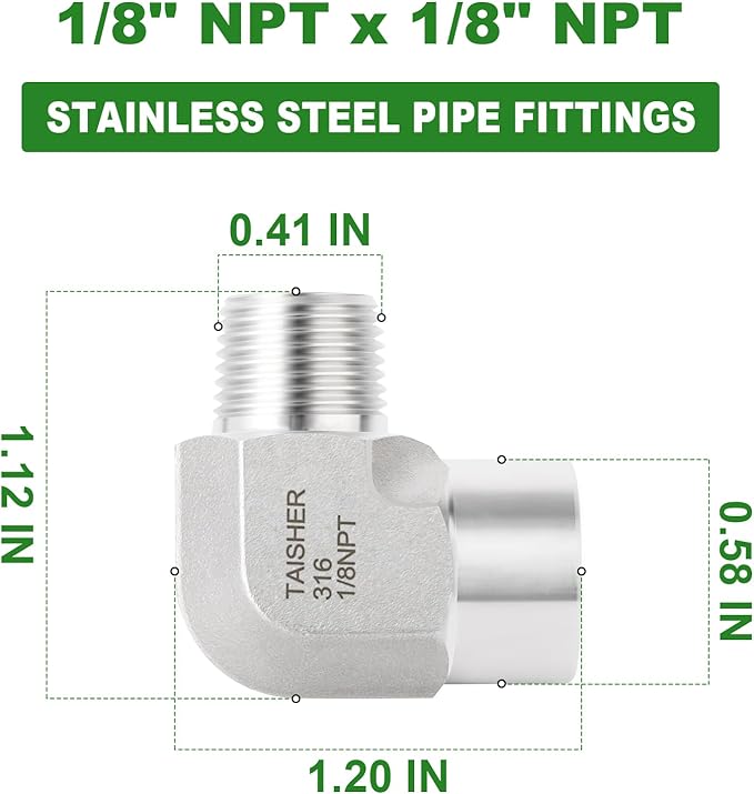 TAISHER 2PCS 316L Stainless Steel 90 Degree Barstock Street Elbow, 1/8" NPT Male to 1/8" NPT Female 316L Stainless Pipe Fitting