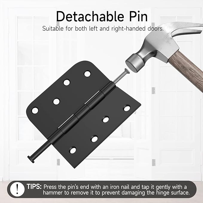HOSOM 12 Pack Matte Black Door Hinges 4 Inch, Exterior Door Hinges with 5/8" Radius & Square Corners, Removable Pin, Perfect for Heavy-Duty Front & Back Door, Anti-Rust & No Squeaks