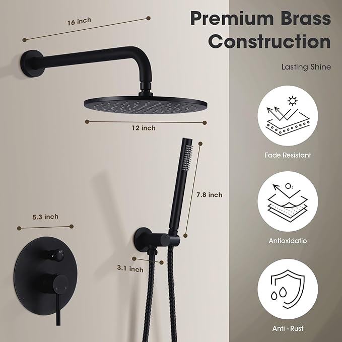 TRUSTMI 12 inch Round Bathroom Luxury Rain Mixer Combo Set Wall Mounted Rainfall Shower Head System Matte Black, (Contain Faucet Rough-in Valve Body and Trim)