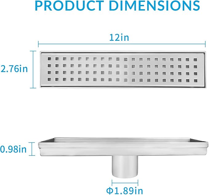 12 Inch Removable Cover Linear Shower Drain 304 Stainless Steel Rectangular Floor Drain for Kitchen Bathroom Square Hole Pattern Drain with Accessories Hair Strainer Adjustable Leveling Feet (Silver)