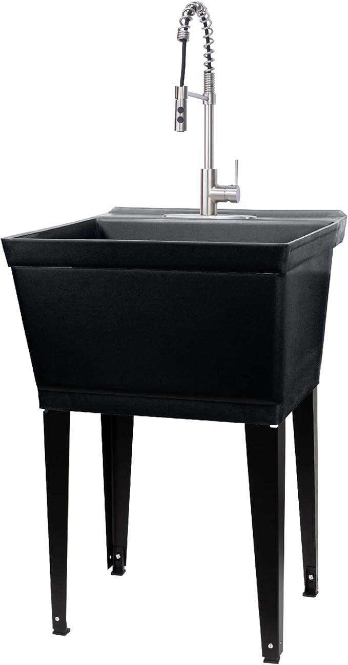 Utility Sink Extra-Deep Laundry Tub in Black with High-Arc Stainless Steel Coil Pull-Down Sprayer Faucet, Integrated Supply Lines, P-Trap Kit, Heavy Duty Floor Mounted Freestanding Wash Station