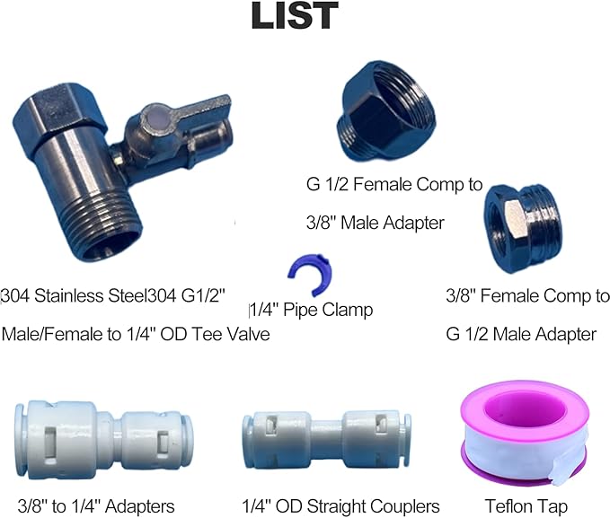 Stainless Steel Water Line Splitter, 3/8" x 3/8" x 1/4" & G1/2"xG1/2"x1/4" Tee Stop Valve with Quick Connect, for RO System, Refrigerator, Ice Maker, Includes 1/4" & 1/4" to 3/8" Adapters + Teflon Ta