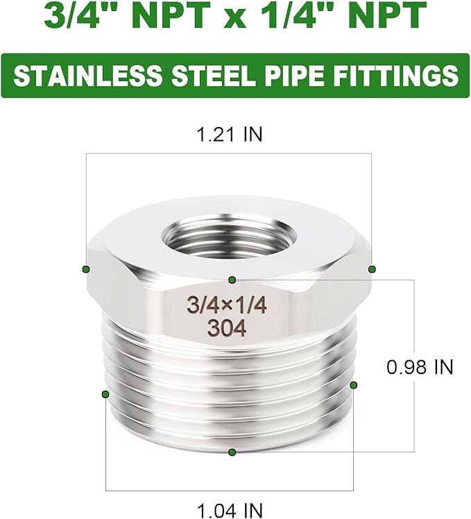 TAISHER 5PCS 304 Stainless Steel New Reducer Hex Bushing, 3/4" NPT Male x 1/4" NPT Female, Reducing Pipe Adapter Fitting