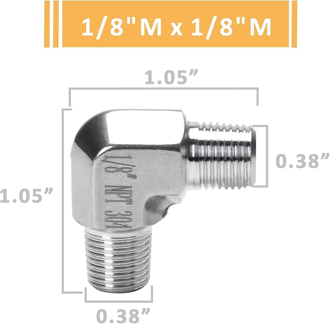 90 Degree Street Elbow - 1/8" NPT Male to 1/8" NPT Male Stainless Steel 304 Heavy Duty Forged Barstock Street Elbow Adapter Pipe Fitting (pack of 2)