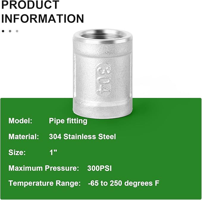TAISHER 5PCS 304 Stainless Steel Cast Pipe Fitting, Coupling, 1" x 1" NPT Female Threaded