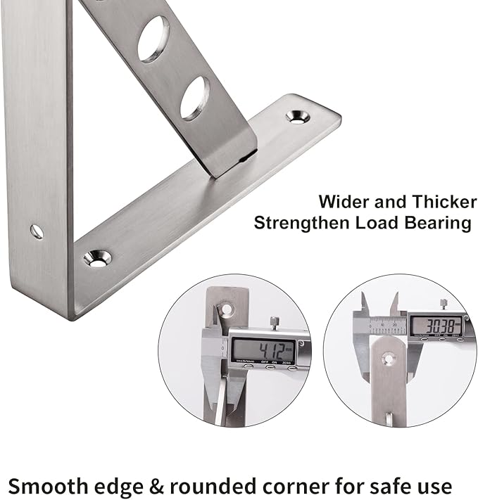 YUMORE Stainless Steel Shelf Bracket 10", Heavy Duty Solid Shelf Support Corner Brace Joint Right Angle Bracket, L Bracket with 2 S Hook, 2 Pack