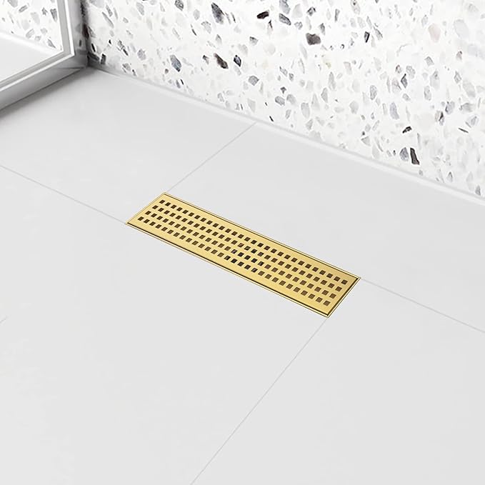 Linear Shower Drain, 12 inch Gold Drain with Removable Grate Cover, Brushed 304 Stainless Steel Shower Floor Drain, Linear Drain with Hair Strainer and Adjustable Feet