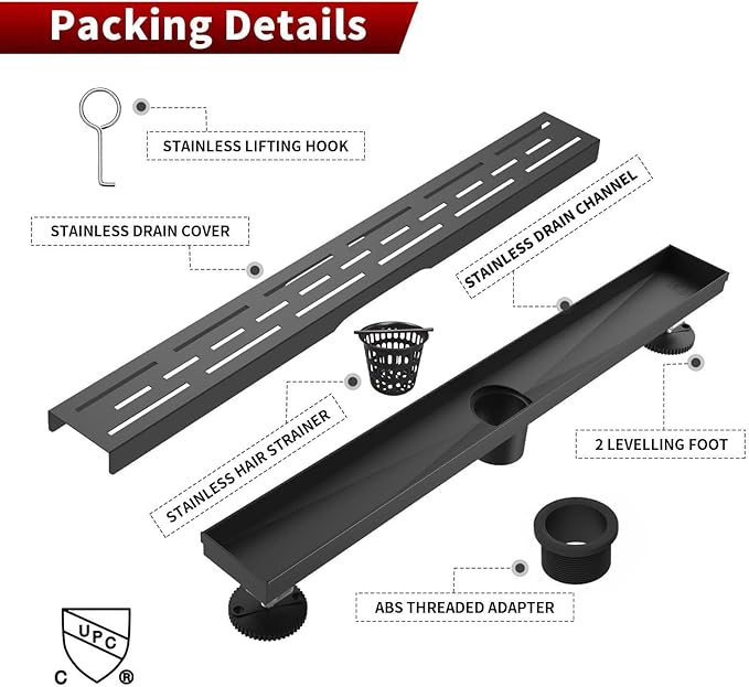 Sharp-tec Linear Shower Drain, 28 inch Shower Drain with Removable Pattern Cover, Matte Black 304 Stainless Steel Rectangle Floor Drain, Adjustable Feet and Hair Strainer Included (Model 101)