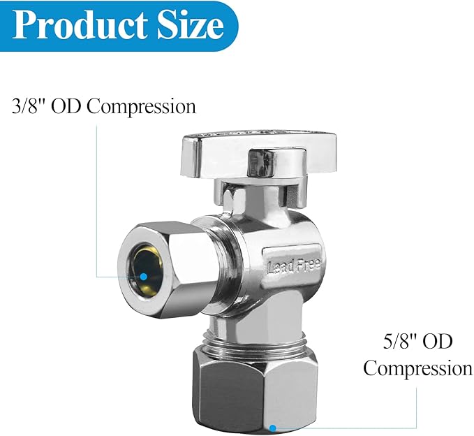 WiseWater Angle Stop Valve 1/2" Nominal (5/8" OD) x 3/8" Compression, 1/4 Turn Toilet Shut Off Reinforced Chrome Plated Brass Fittings for Bathroom, Toilet, Kitchen (5-Pack)