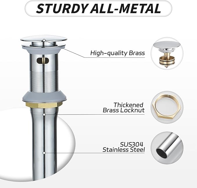 BWE PLT-01-C Metal Silver Bathroom Vessel Sink Drain Stopper with Overflow, Chrome One-Piece, Fits 1.65-1.97 Inch Drain Hole