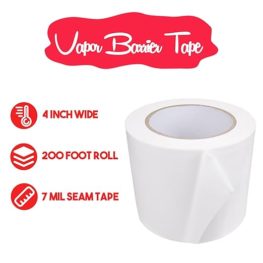 Vapor Barrier Tape, 4 Inch x 200 Feet Polyethylene Tape Sealing Moisture Barrier Seam, Seal Tape for Crawl Space, Underlayment, Marine Use, White Insulation Tape, Waterproof