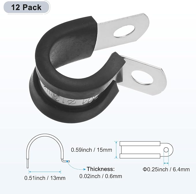 12-Pack Cable Clamps, 33/64 Inch/ 13 mm 304 Stainless Steel Rubber Cushioned Insulated Cable Clamp R Shape Metal Holder for Tube/Wire/Pipe/Loop Installation