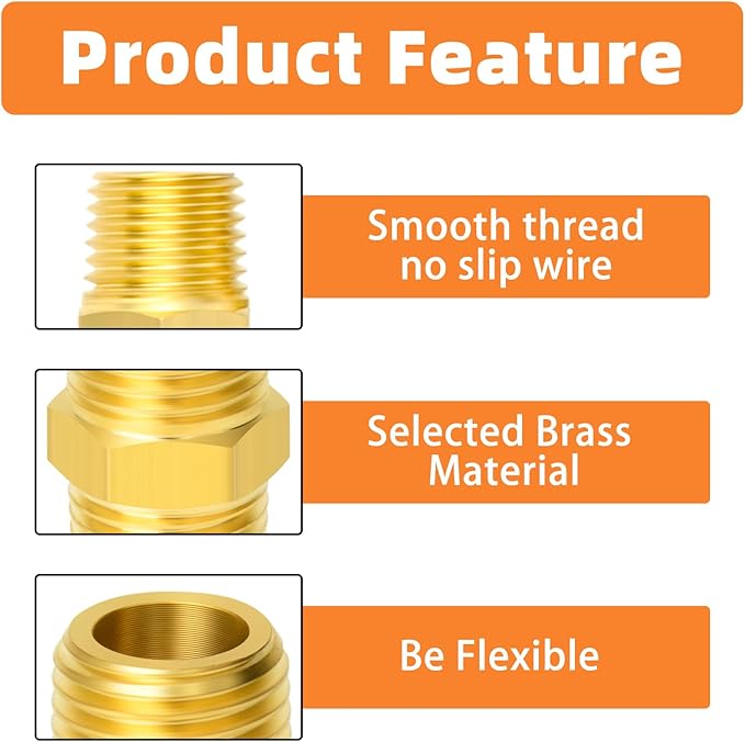 GASHER 5PC Brass Pipe Fitting, Reducing Hex Nipple, 1/2-Inch Male Pipe x 1/2-Inch Male Pipe