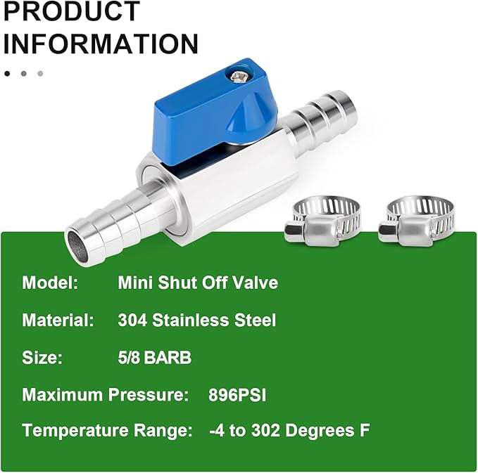 TAISHER 1PCS 304 Stainless Steel 5/8" Mini Ball Valve Shut Off Switch, 5/8" Hose Barb with 2PCS Hose Clamps