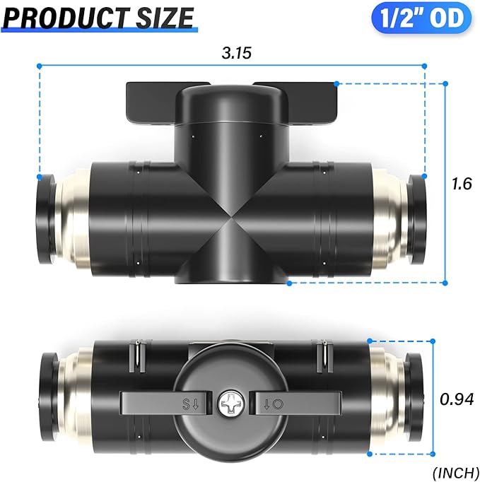 TAILONZ PNEUMATIC BVU-1/2 OD Ball Valve Air Flow Control Valve Push to Connect Fitting (Pack of 1）