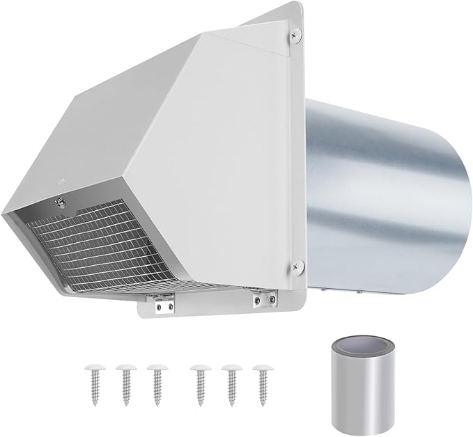 6 Inch Dryer Vent Cover Outside, White Wall Dryer Vent Cap, No-Pest Metal Vent Covers For House Exterior