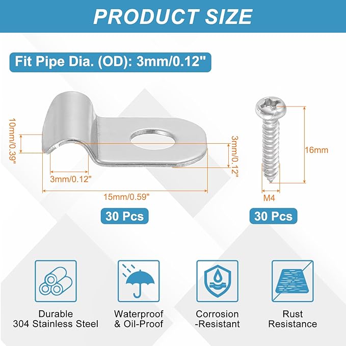 uxcell 30Pcs 3mm(1/8") One Hole Rigid Pipe Strap, 304 Stainless Steel Conduit Clamp Thicken U Bracket Heavy Duty Pipe Clamp with Self-Tapping Screws for Fixing Tube Cable, Silver