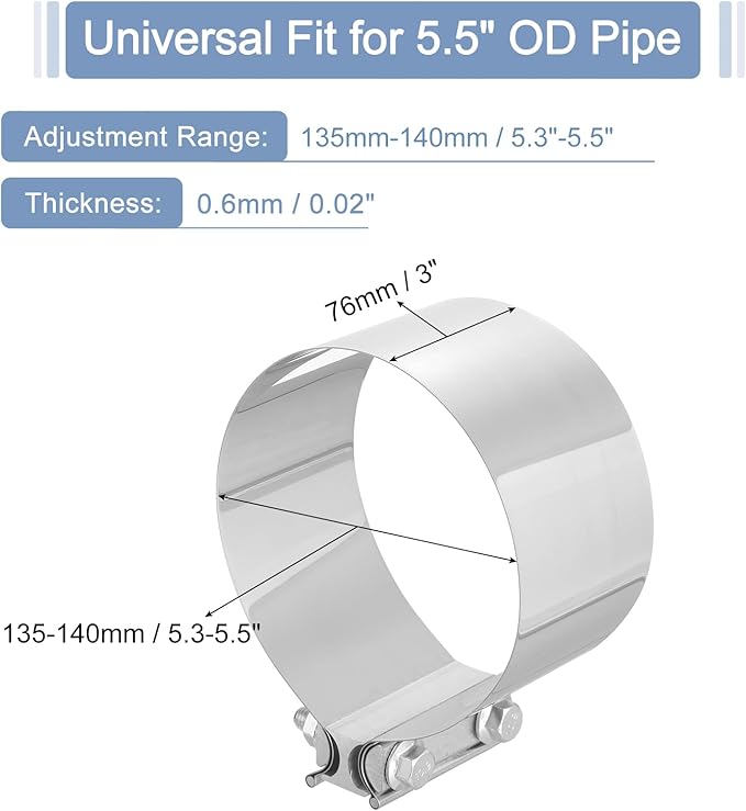 uxcell 5.5 Inch Exhaust Clamp, 304 Stainless Steel Butt Joint Band Clamp Sleeve Coupler Pipe Repair Clamp Universal Widening Clamp for Exhaust Pipes Mufflers, Silver
