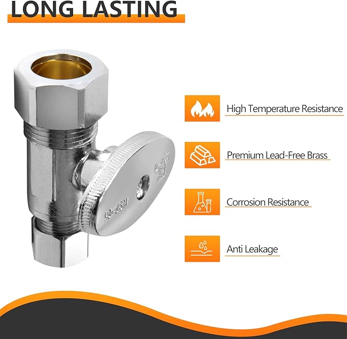 100-PCs HeSun Straight Stop Valve, 1/2" Nominal (5/8"OD) Compression x 3/8" OD Compression, 1/4 Turn Shut Off Valve for Bathroom, Chrome Plated Brass(VALVE122-100)