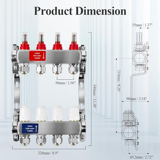 AB 4 Loop PEX/Radiant Manifold, 1/2 Inch Compatible Outlets, Up to 1.4 GPM Flow Valve for Hydronic Radiant Floor Heating(1/2" Connectors Included)