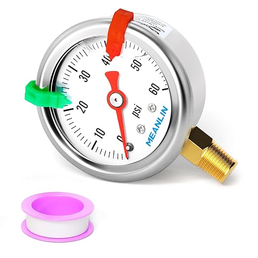 MEANLIN MEASURE 0~60Psi Pressure Gauge, Glycerin Filled 1/8" NPT 1.5" FACE DIAL, Stainless Steel Liquid Filled Pressure Gauge WOG Water Oil Air Lower Mount (with 2PCS Snaps)