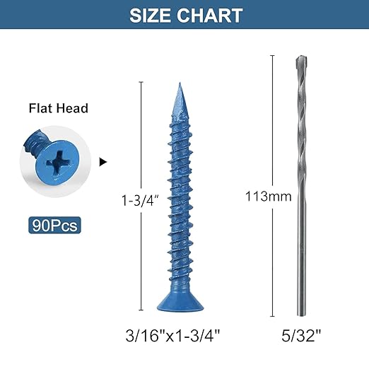 3/16 x 1-3/4 Inch 90PCS Concrete Screws, Flat Head Screws Anchor with Drill Bit, for Masonry, Block, Brick, Cement, Stacoo, Diamond Point