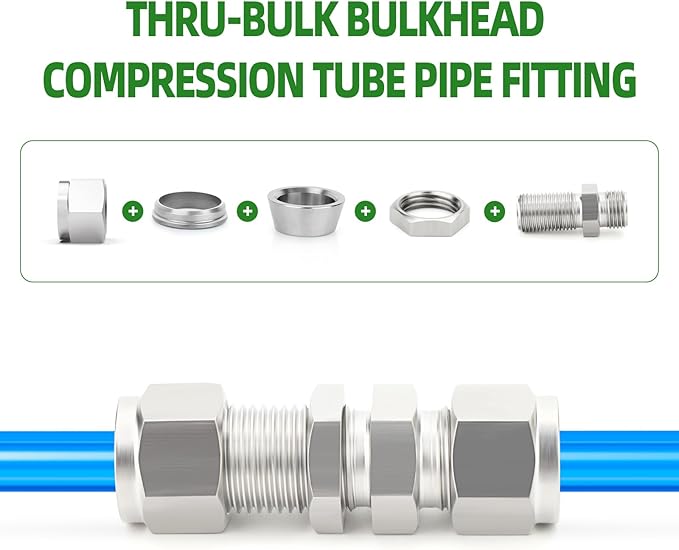 TAISHER 1PCS 316 Stainless Steel Thru-Bulk Bulkhead Compression Tube Pipe Fitting Connector, 1/8" Tube OD x 1/8" Tube OD Straight Adapter
