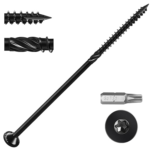 Deck Screws #14 x 7 inch, (12pcs) 1lb Heavy Duty Outdoor Wood Screws,Black Rust Resistant Epoxy Coated,Torx Drive Head,with T30 Star Bit