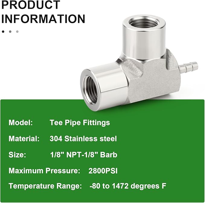 TAISHER 2PCS Forging of 304 Stainless Steel 3 Way Tee Hose Barb Fitting, 1/8" Hose Barb x 1/8" FNPT x 1/8" FNPT for Fuel/Air/Lquid/Gas with 4PCS Hose Clamp