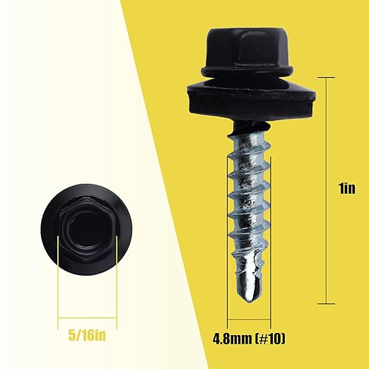 300pcs #10 x 1 Black Hex Head Self-Drilling Metal Roofing Screws, EPDM Washer, Colored Head, Wood Screws, Sheet Metal Roof Screw with Hex Driver Bit