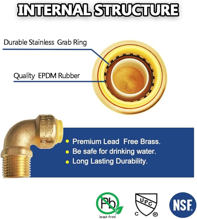 HQMPC 1/2" Pex Fittings No Lead Male PushFit Elbow 90-Degree -PEX Fitting 1/2" 90 Degree Elbow Push-to-Connect Plumbing Fitting for Copper, PEX, CPVC (6pcs 1/2")