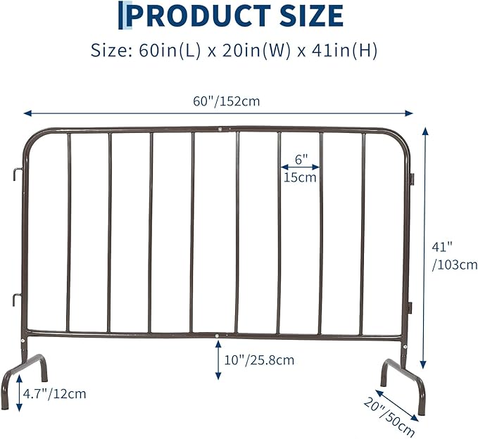Interlocking Steel Barricade, 5 Ft. Heavy Duty Galvanized Metal Barricade, Interlocking Steel Road Barriers with with Bridge Feet Base, for Crowd Control Event Fencing Indoor/Outdoor, Brown