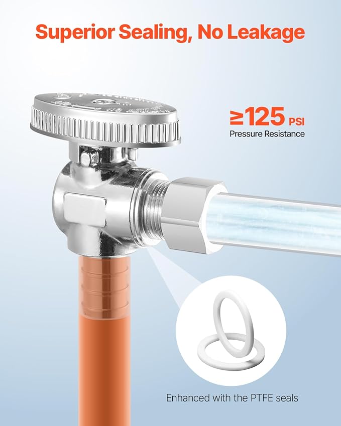 VEVOR 10 Pack Angle Stop Valve, Water Shut Off Valve 1/2" PEX x 3/8" OD Compression, 1/4 Turn Chrome Plated Brass Shutoff Valves for Bathroom Kitchen Toilet Shower Plumbing