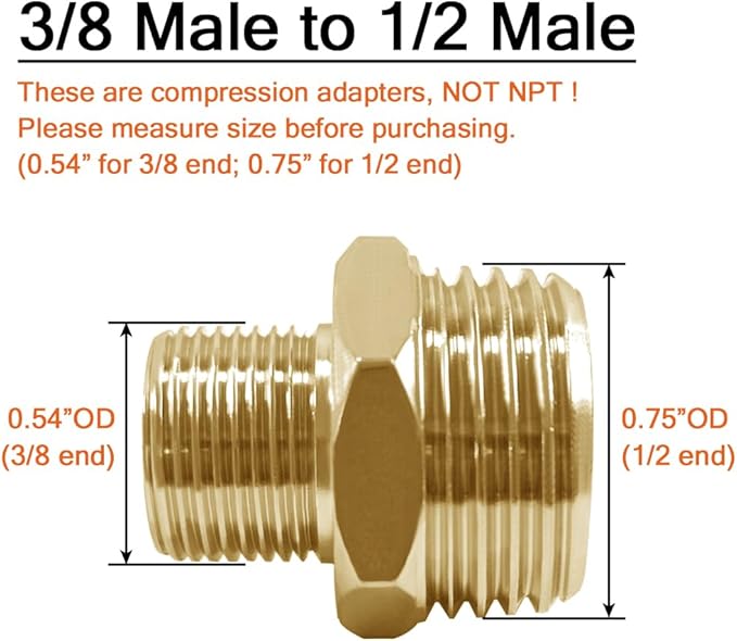 Joywayus 1/2 G Male to 3/8 Compression Male Thread Pipe Fitting, Brass Reducer Faucet Connector Water Hose Adapter, Supply Line Adapter for RV Kitchen Bathroom Plumbing (Pack of 4)