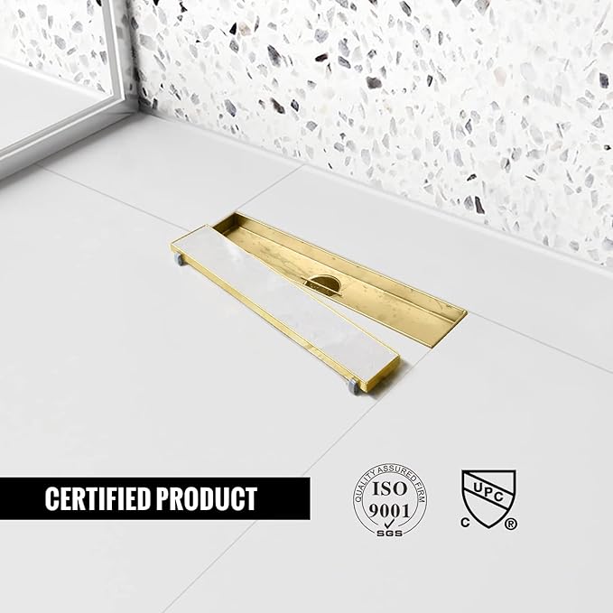 Linear Shower Drain, 12 inch Gold Drain with Tile Insert 2-in-1 Panel, Brushed 304 Stainless Steel Gold Shower Floor Drain, Linear Drain with Hair Strainer and Adjustable Feet