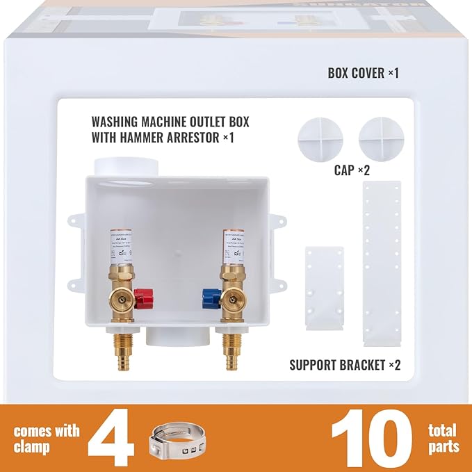 SUNGATOR Washing Machine Outlet Box with Brass Water Hammer Arrestor, Laundry Washer Water Valve Wall Box with Center Drain, 1/2 Inch Pex Crimp Inlet x 3/4 Inch MHT Outlet (4 Crimp Rings)